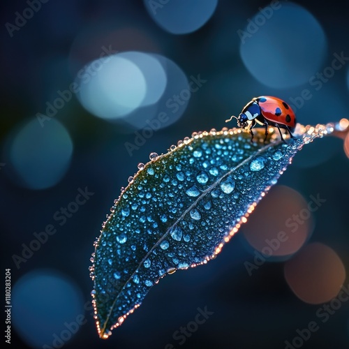 A ladybug sits on top of a leaf with numerous water droplets, making it look like a miniature aquatic world photo