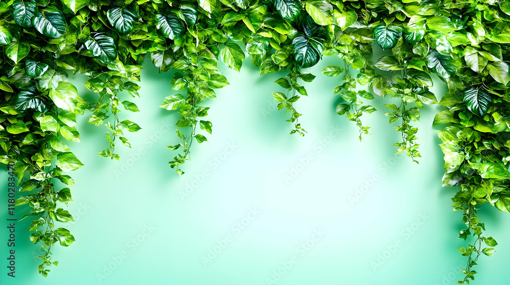 Lush green foliage cascading down a light green wall, creating a natural frame; ideal for eco-friendly designs. Lush green foliage cascading down a light green wall, creating a natural frame; ideal for eco-friendly designs.