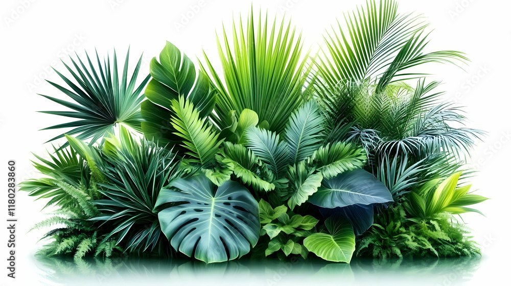 Lush tropical foliage arrangement, isolated on white background, ideal for design projects or website backgrounds. Lush tropical foliage arrangement, isolated on white background, ideal for design projects or website backgrounds.