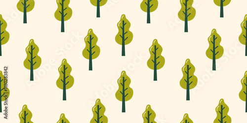 Seamless Minimalist Tree Pattern with Green Foliage on Light Background