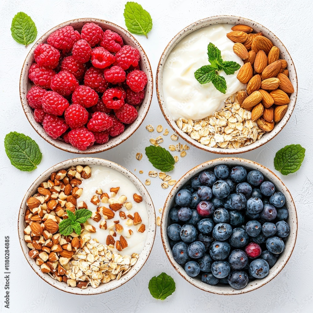 Fresh berries and nuts arranged in bowls with yogurt and oats, garnished with mint leaves, creating a colorful and healthy breakfast option.