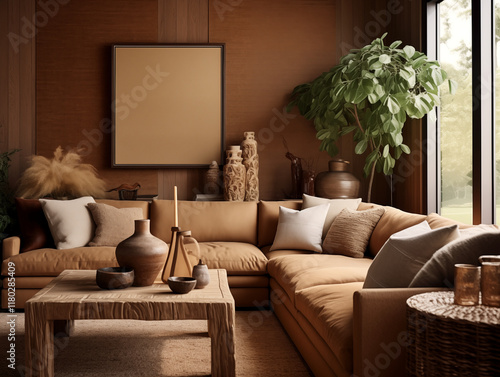 Modern nomadic style living room interior with earthy brown walls, cozy couch with pillows, coffee table and artwork on the wall. Prairie style interior. Rustic tribal style inspired interior.