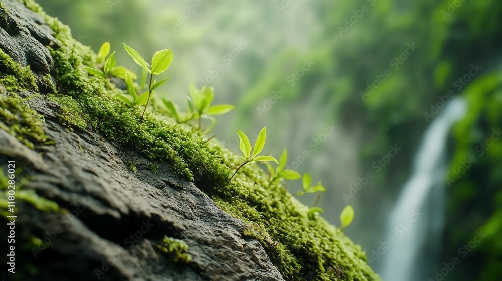 Mossy rock, new growth, waterfall backdrop, nature Mossy rock, new growth, waterfall backdrop, nature