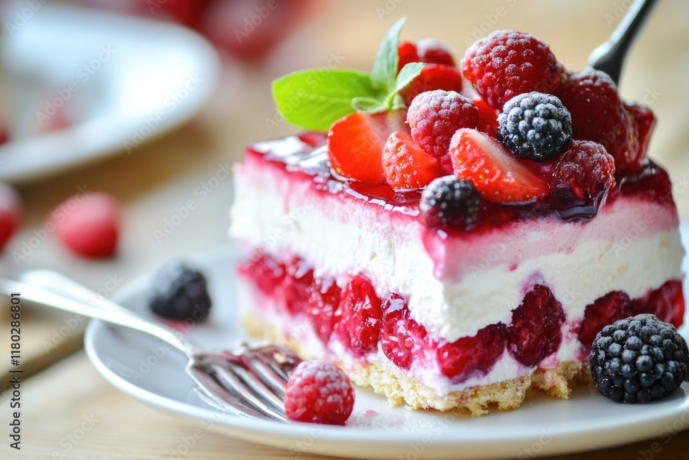 A slice of cake served on a plate with a fork, perfect for breakfast or dessert A slice of cake served on a plate with a fork, perfect for breakfast or dessert