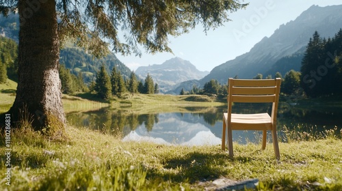 Mountain lake chair serenity; peaceful alpine scene