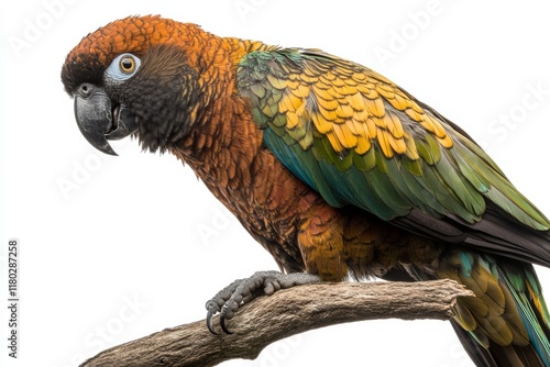 Colorful Kaka Parrot Perched on a Branch with Vibrant Feathers on White Background, ideal for wildlife and nature enthusiasts, educational projects, and decorative designs photo