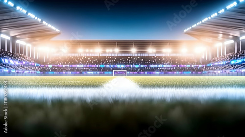 Night soccer stadium, illuminated field, packed stands, pre-game atmosphere, perfect for sports news.