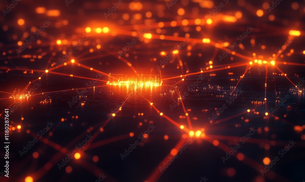 Fototapeta premium Close up of digital network with multiple servers. Virtual connections and data centers highlighted with bright lights.