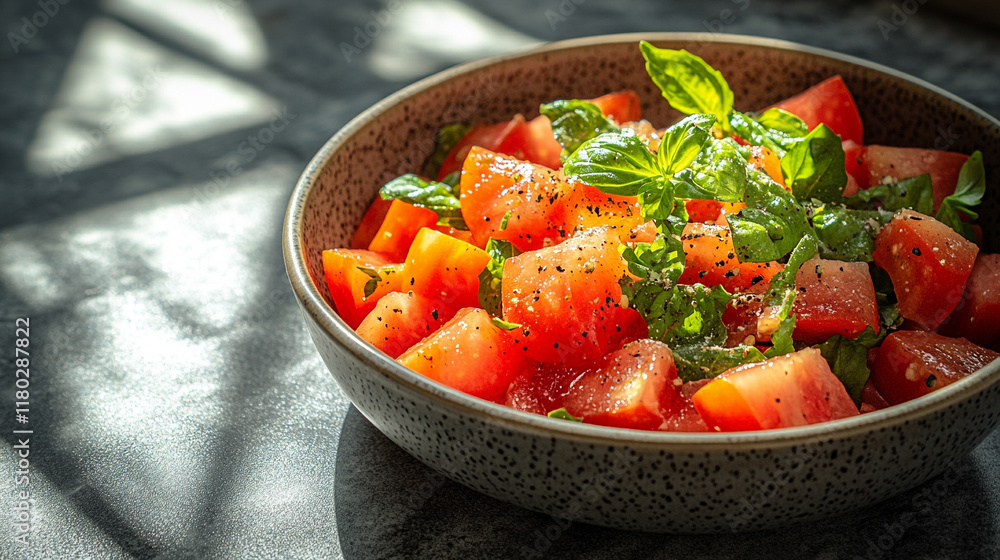 A single bowl of salad on a sunny dining table symbolizes mindful eating with a calm and peaceful ambiance, leaving room for captions on the side with blurred chaos in the background
A single bowl of salad on a sunny dining table symbolizes mindful eating with a calm and peaceful ambiance, leaving room for captions on the side with blurred chaos in the background