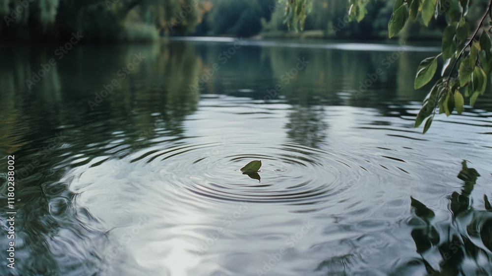 A solitary leaf floats on a tranquil lake, creating gentle ripples under a canopy of trees in soft evening light. A solitary leaf floats on a tranquil lake, creating gentle ripples under a canopy of trees in soft evening light.