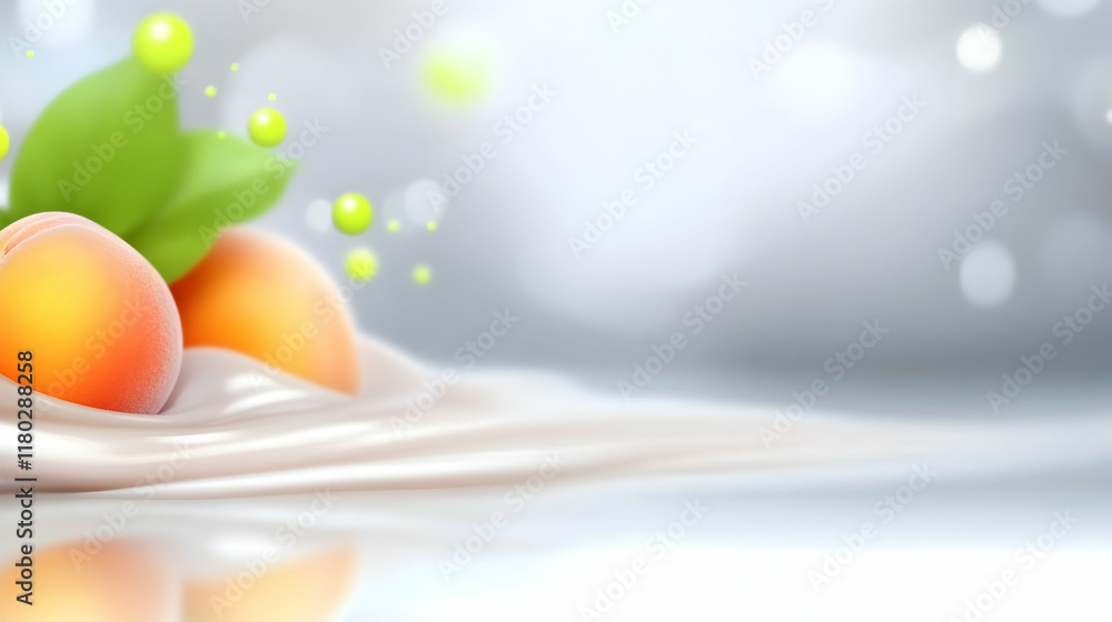 Fototapeta premium Peaches splashing in creamy yogurt, studio shot, light background, food advertising.