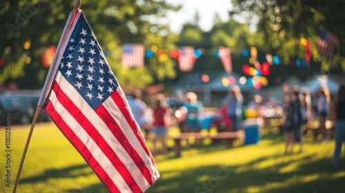 American flag with festive decorations at outdoor summer party.