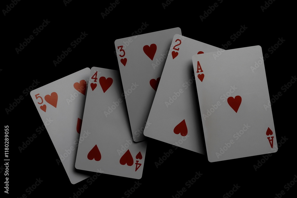 Playing cards, series of cards in hearts isolated on black background with clipping path, series Playing cards, series of cards in hearts isolated on black background with clipping path, series