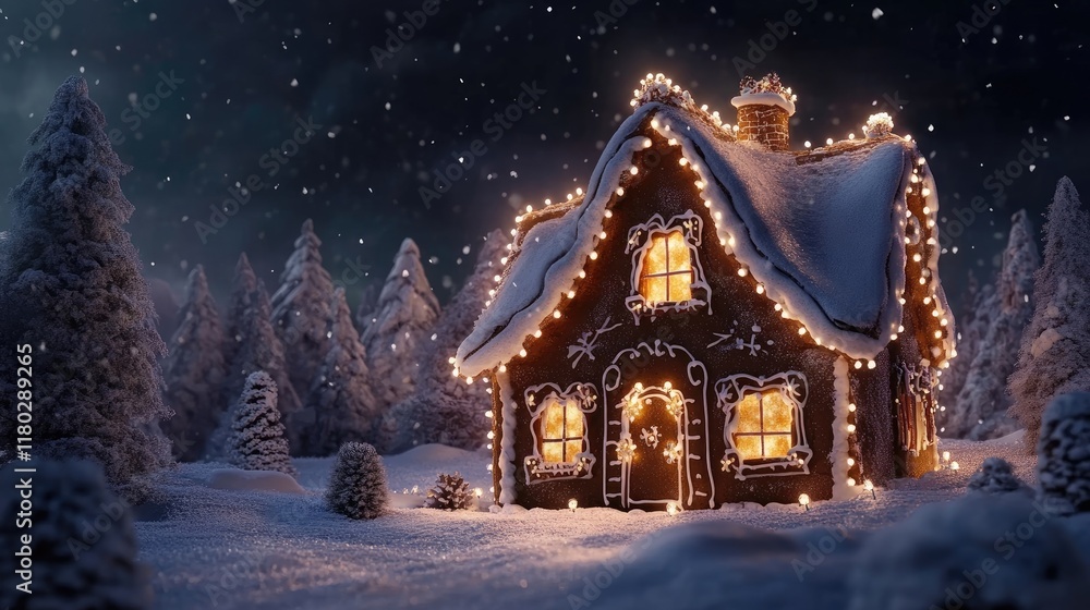 Gingerbread house in a snowy Christmas night scene Gingerbread house in a snowy Christmas night scene
