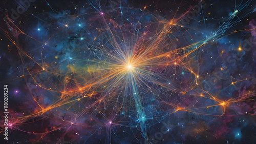 Abstract background of cosmic grid with interconnected lines and starry sky. photo