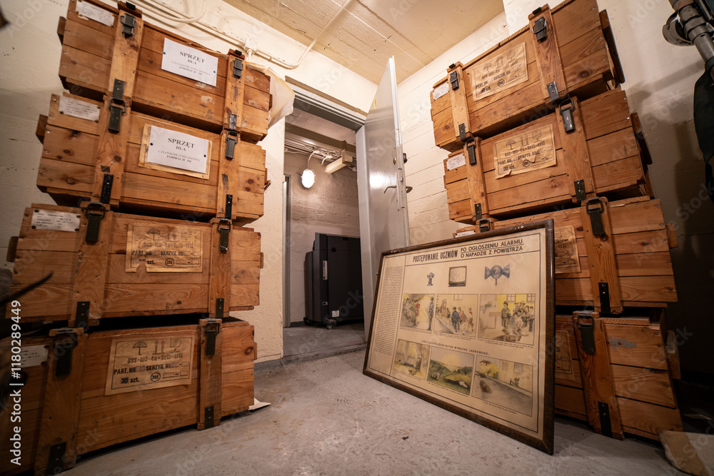 Fototapeta premium Wnętrze schronu z drewnianymi skrzyniami