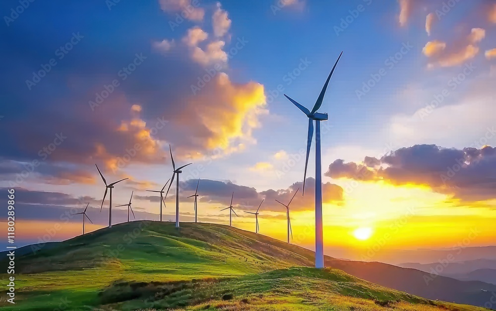 Obraz premium A serene green hillside covered with wind turbines under a golden sunset
