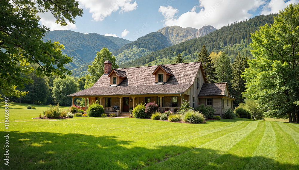 House in green landscape with mountains in background House in green landscape with mountains in background