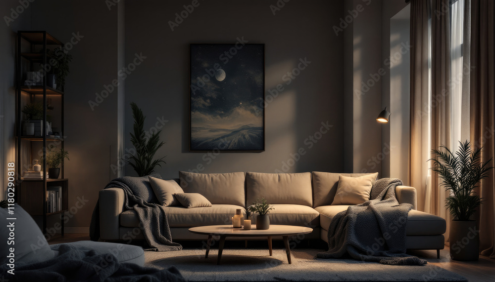 Cozy modern living room night with a large sectional sofa, a coffee table, and a painting on the wall. Cozy modern living room night with a large sectional sofa, a coffee table, and a painting on the wall.