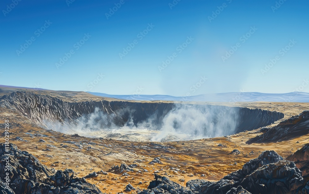 A volcanic crater emitting steam and surrounded by barren rocky terrain under a clear blue sky A volcanic crater emitting steam and surrounded by barren rocky terrain under a clear blue sky