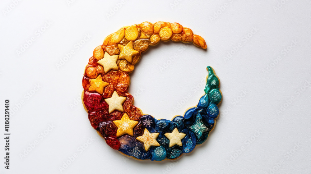 Obraz premium Colorful crescent moon and stars cookie.