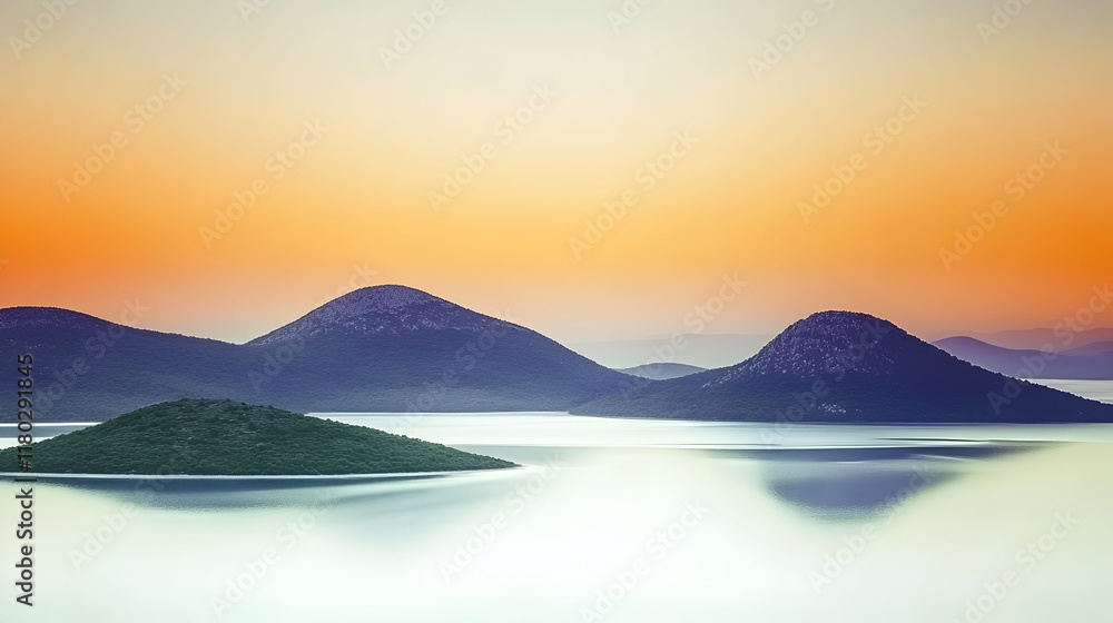 Serene sunrise over tranquil islands, misty calm water, vibrant sky; ideal for travel, nature, and serenity themes. Serene sunrise over tranquil islands, misty calm water, vibrant sky; ideal for travel, nature, and serenity themes.