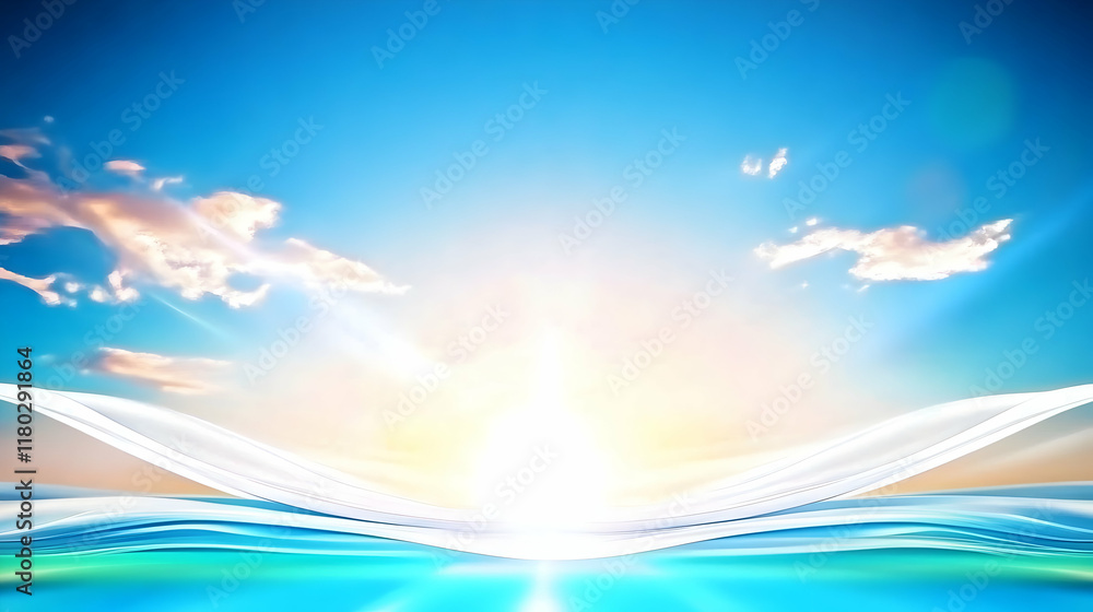 Serene sunrise over tranquil ocean;  bright sun, peaceful cloudscape. Ideal for travel, relaxation, or meditation themes.