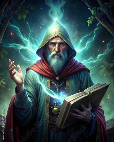 Ancient sorcerer channels mystical energies beneath an enchanted forest canopy, embodying wisdom and power with a glowing tome in hand during twilight photo