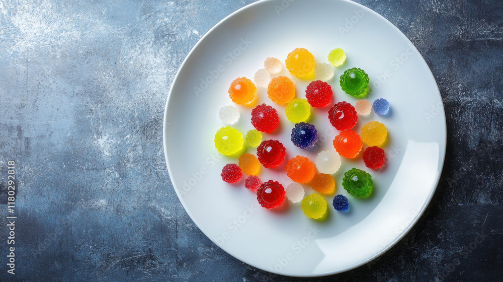 Colorful gummy candies arranged on a white plate. Colorful gummy candies arranged on a white plate.