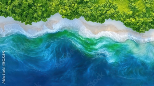 Aerial view of vibrant ocean waves meeting a lush green forest coastline.