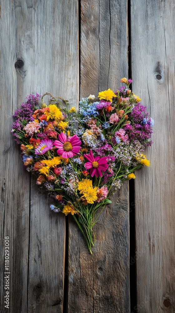 Bouquet of wildflowers arranged into a heart shape, lying on rustic wooden planks for a Valentine’s touch Bouquet of wildflowers arranged into a heart shape, lying on rustic wooden planks for a Valentine’s touch