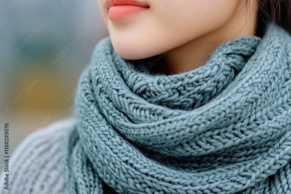 Close-up of a woman wearing a cozy knitted scarf during cold winter weather. Close-up of a woman wearing a cozy knitted scarf during cold winter weather.