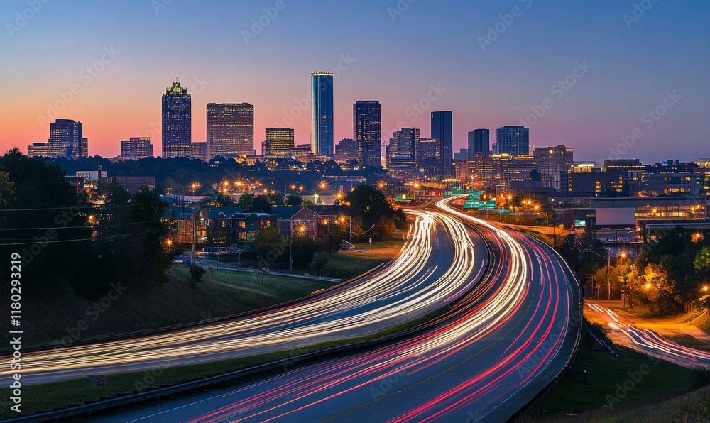 Obraz premium Cityscape at Twilight with Light Trails on Urban Highway