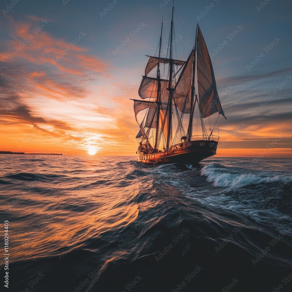 Fototapeta premium A sailboat gliding through calm waters at sunset, perfect for travel or adventure use