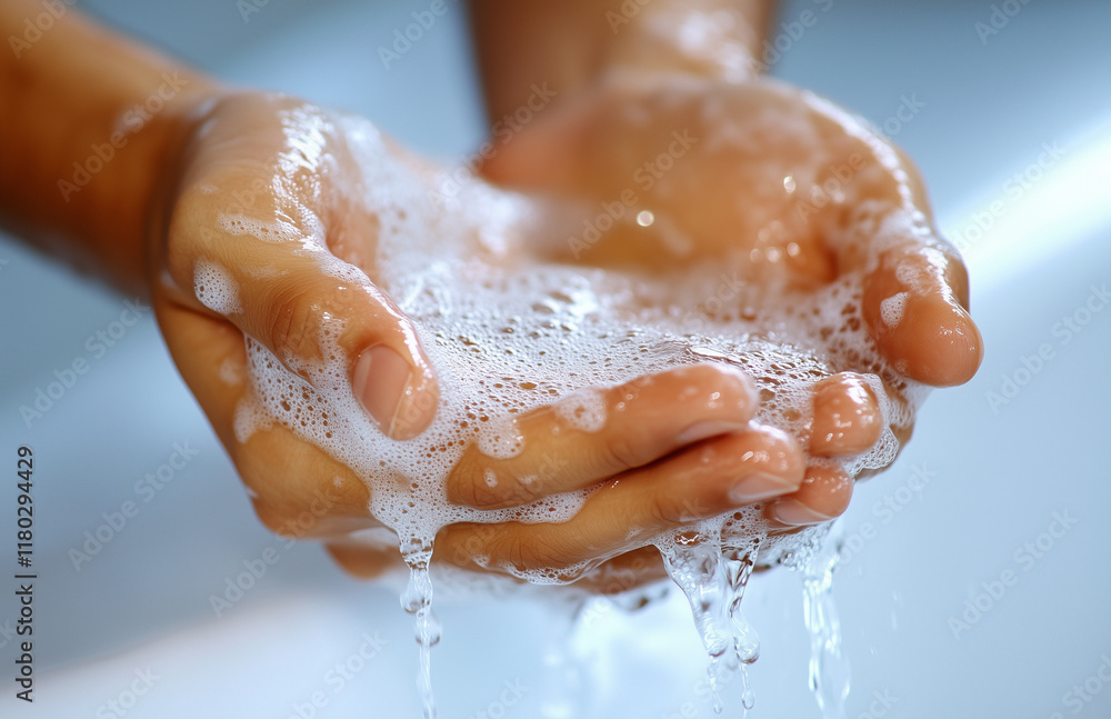 Fototapeta premium Close up Washing hands rubbing with soap for prevention. Hygiene and cleaning hands. 