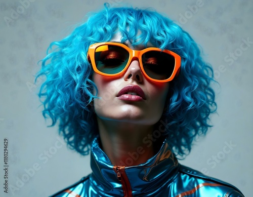 Vibrant blue curly wig, bright yellow and orange sunglasses, metallic blue jacket, bold red lips, pale skin, striking portrait, high contrast, fashion photography, avant-garde style, eccentric look photo