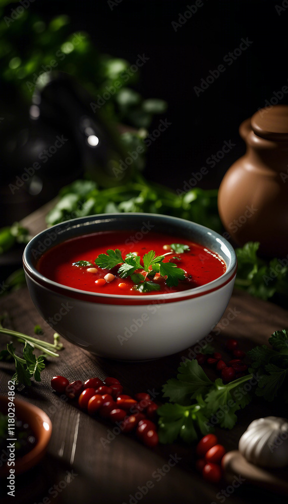 Bowl of vibrant red tomato soup garnished with fresh herbs and beans, set in a cozy, rustic culinary setting with natural ingredients and artistic lighting. Perfect for food and cooking themes.
Bowl of vibrant red tomato soup garnished with fresh herbs and beans, set in a cozy, rustic culinary setting with natural ingredients and artistic lighting. Perfect for food and cooking themes.