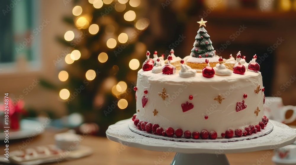 Festive Christmas cake on a decorated holiday table Festive Christmas cake on a decorated holiday table