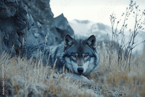 Wolf lying near rock photo