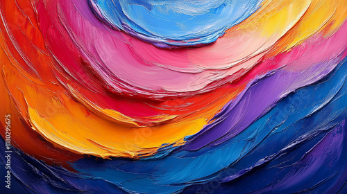 Colorful abstract swirl blending vibrant hues of red blue pink and yellow featuring textured brushstrokes symbolizing energy creativity motion harmony and chaos

