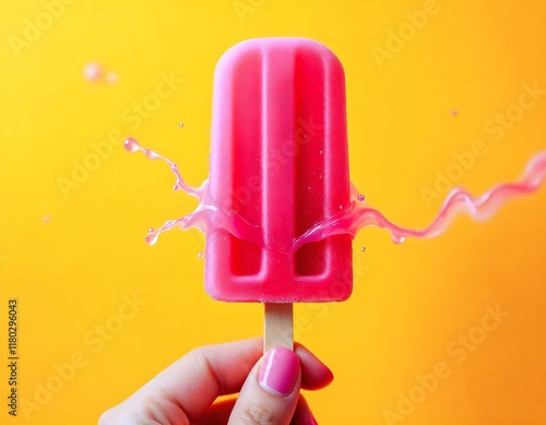 Vibrant pink popsicle, splash of juice, bright yellow background, hand holding stick, dynamic motion, high-contrast photography photo