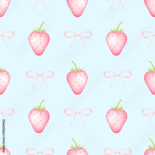 Strawberries and bows. Watercolor seamless pattern in pastel colors for textiles and wrapping paper. Cute children's illustration