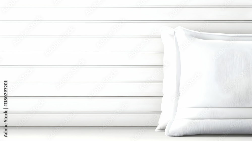 Two white pillows rest against a white wood paneled wall; minimalist bedroom interior design, perfect for home decor websites. Two white pillows rest against a white wood paneled wall; minimalist bedroom interior design, perfect for home decor websites.