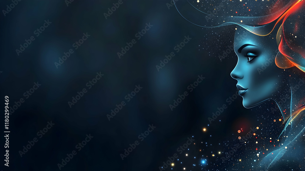Woman, profile, ethereal, glowing, cosmic, dark background, design, website banner. Woman, profile, ethereal, glowing, cosmic, dark background, design, website banner.