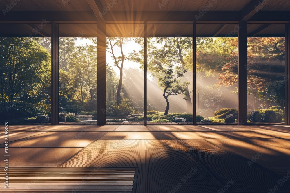 Fototapeta premium Sunlit Zen Garden Pavilion Interior Sunrise