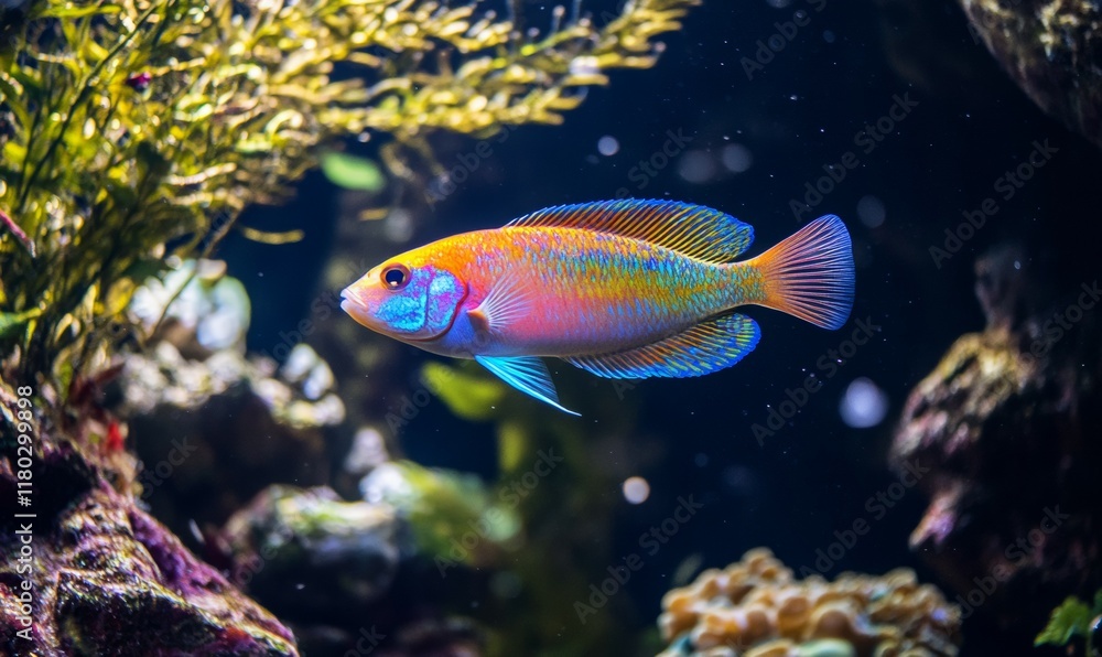 Fototapeta premium Colorful fish swimming in a tropical reef with various aquatic plants.