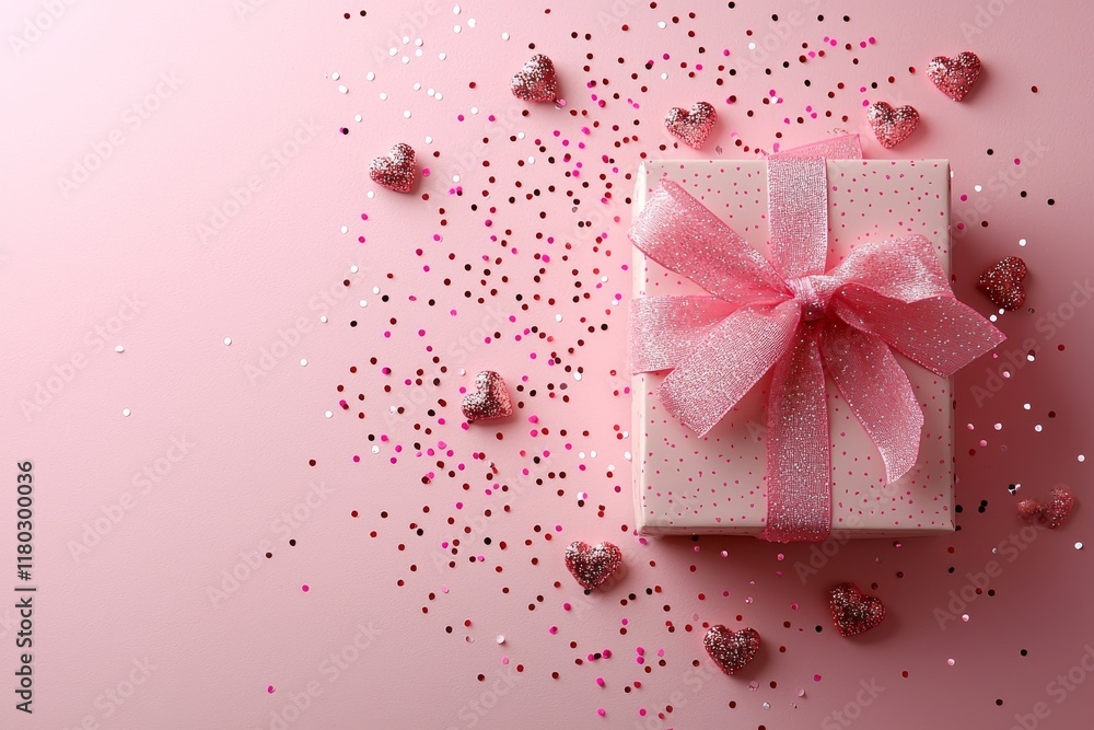 A top view image of St. Valentine's Day decorations, including a white gift box with a pink curly ribbon and sequins, against an isolated pastel pink background with copyspace A top view image of St. Valentine's Day decorations, including a white gift box with a pink curly ribbon and sequins, against an isolated pastel pink background with copyspace
