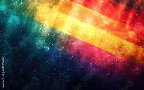 A glowing pride flag with light rays radiating outward on a dramatic dark background