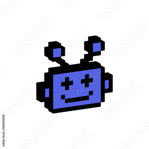 Y2k bot pixel art icon. 3d vector element. Robot head. Chatbot 8 bit emoji. Vintage retro sticker. Game abstract element. Bright modern geometric shape for collage and posters. Naive design. Voxel