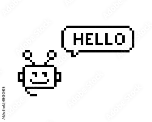 Cute bot support service pixel art icon. Robot head answering. Speech bubble Hello. Chatbot 8 bit emoji. Retro sticker. Editable pixel vector illustration. Game abstract element. Y2k geometric shape